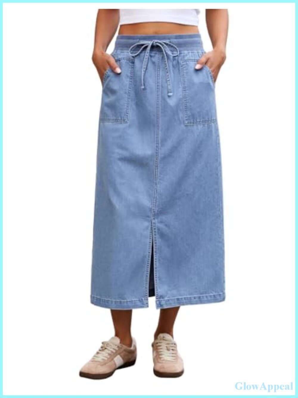 High Waisted Midi Denim Skirt Elastic Drawstring Front Slit Pockets